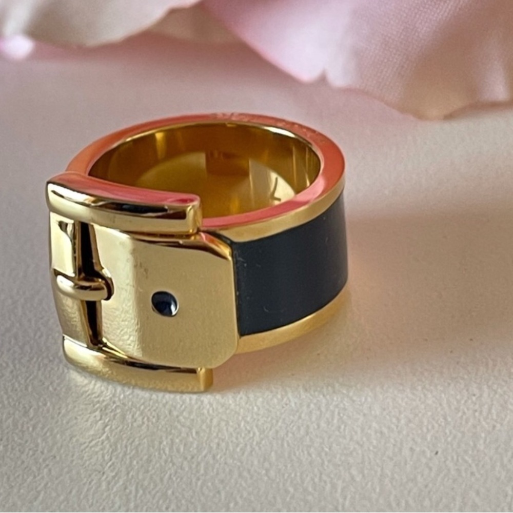 Michael Kors MK Yellow Gold & Black Enamel Belt Buckle Ring Sizes 6 and 7